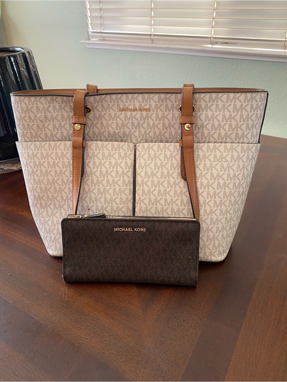 Michael Kors Beige Signature Tote with Brown Leather Straps and Brown Wallet